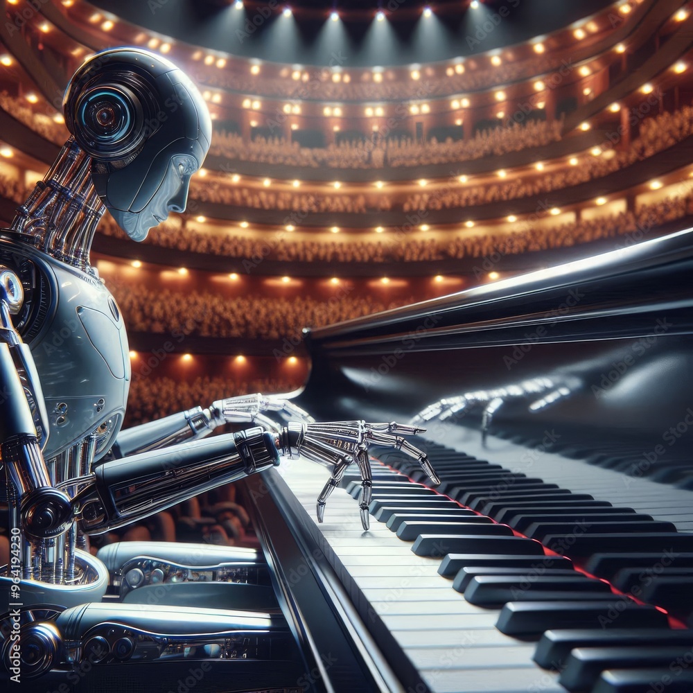 Poster striking digital art of a futuristic robot playing a grand piano on stage in an opulent theater. the