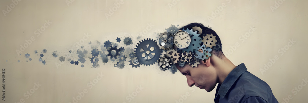 Poster a time traveler with clock gears bursting from their head and symbolizing the concept of temporal di