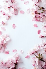 Obraz premium A beautiful arrangement of pink cherry blossom flowers and petals on a clean white background, perfect for spring themes.