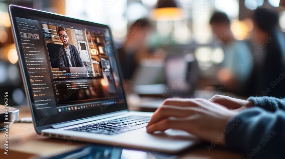 Poster a student using an e-learning platform on a laptop, following along with a virtual lecture