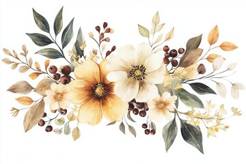 Watercolor floral arrangement with soft autumnal hues, featuring delicate flowers