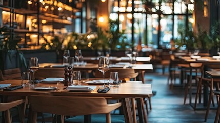 Fototapeta premium A beautifully designed restaurant interior showcasing a modern and elegant dining area. The space features contemporary furniture including wooden chairs and tables set with glassware plates