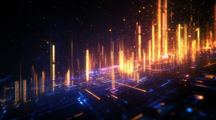 Fototapeta premium Illuminated Digital Candlestick Chart Soaring Upwards with Space for Text Above, Financial Growth Concept