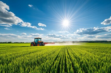 A tractor spraying integrated sprays on crops