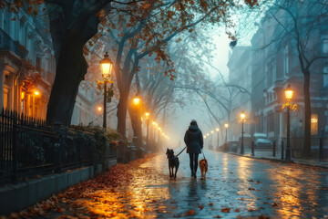 Fototapeta premium Foggy Morning Adventures: person and brave alert dog walking along foggy alley in city autumn park. generative AI