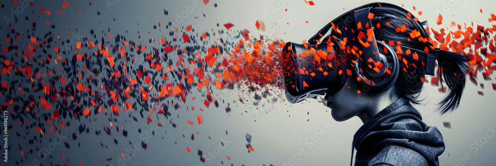 Poster a virtual reality designer with pixelated fragments shattering from their skull and symbolizing the 