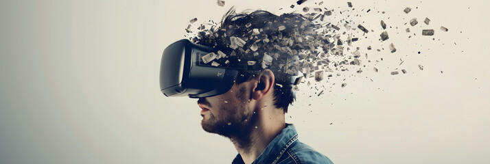 A virtual reality designer with pixelated fragments shattering from their skull and Symbolizing the concept of digital burnout and mental health in immersive technologies. 