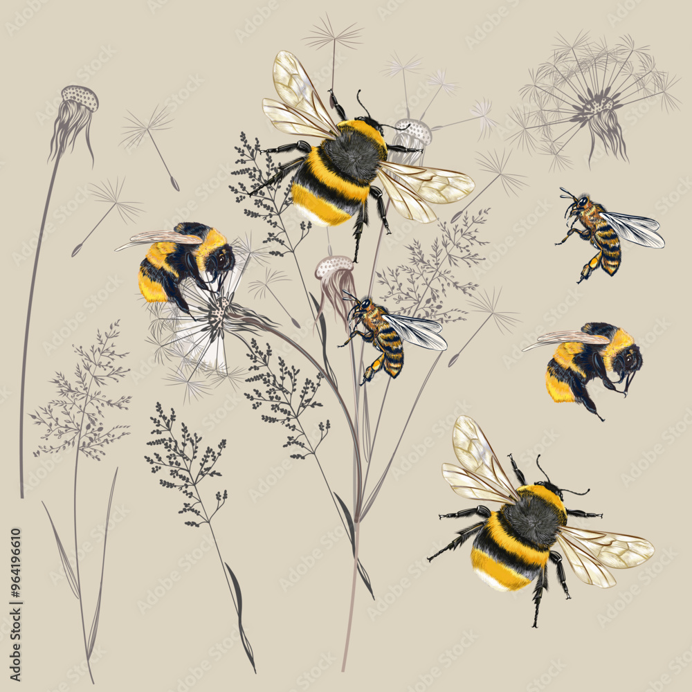 Wall mural collection of vector high realistic bumblebee insects with wild dry meadow plants