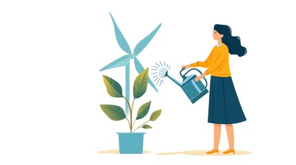 Green Innovation of Wind Turbine Growing from Watered Plant