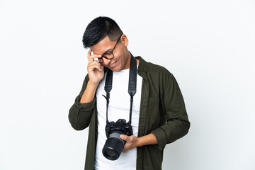 Young Ecuadorian photographer isolated on white background laughing