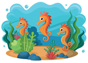 Three seahorses swimming gracefully in the ocean depths