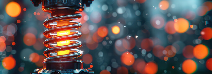 A glowing metal spring in a futuristic setting, with a blurred background of red and orange lights. A perfect illustration of technology and innovation.