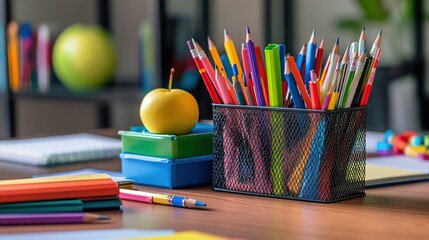 A student desk organized with all the necessary back-to-school supplies