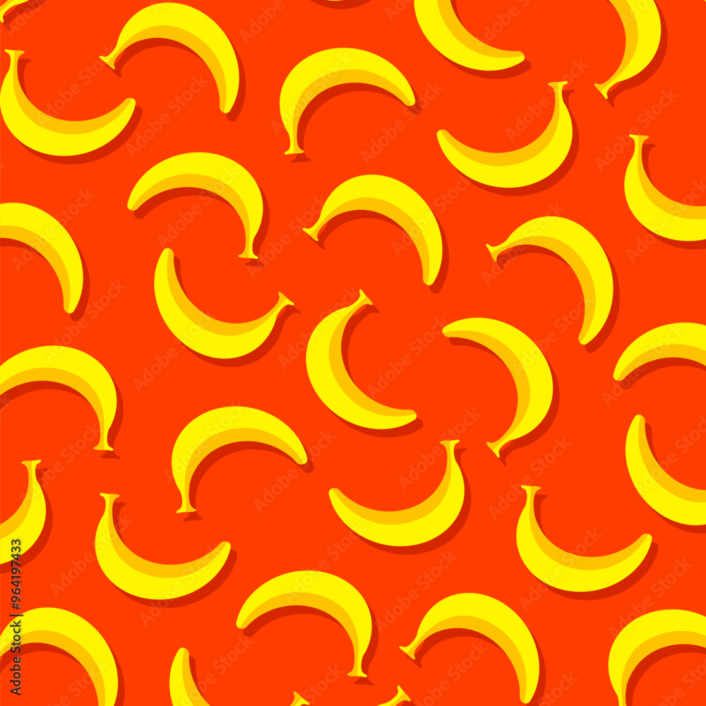 Poster banana fruit pattern with shadows on a red background. creative fruits food repeat pattern abstract 