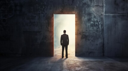 Businessman Standing in Open Doorway to Bright Future, Symbolizing Opportunity and Change, in Dark Concrete Room - Conceptual Photograph