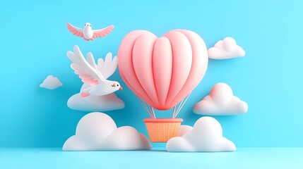 Pink Hot Air Balloon Floating Among Playful Clouds in Dreamy Sky