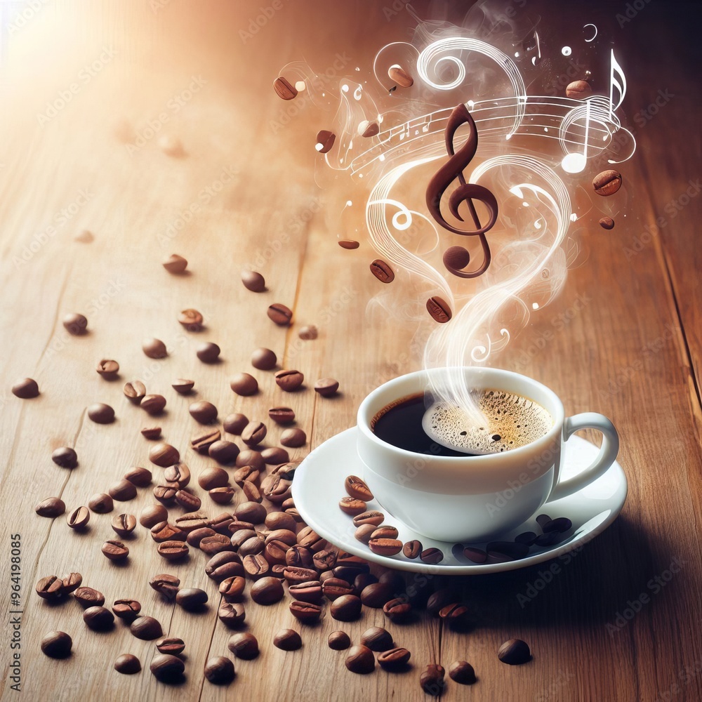 Poster a steaming cup of coffee with a swirling pattern of musical notes rising from it, surrounded by scat