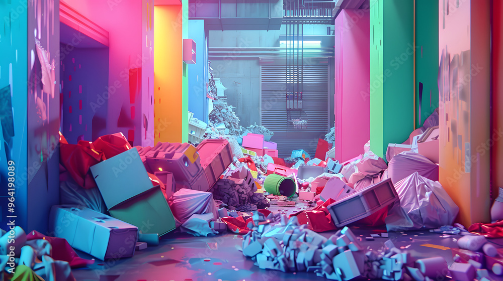 Poster Advanced garbage transmutation facility turning trash into valuables and amidst a polychromatic setting 