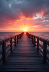 Obraz premium Wooden pier leading to ocean landscape view on sunset sky
