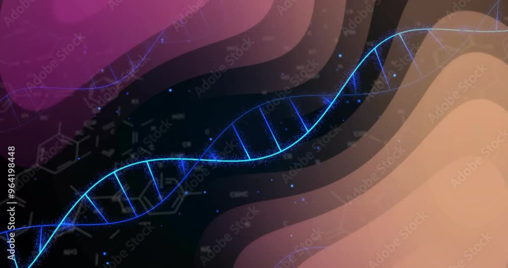 Poster dna strand animation over abstract colorful waves and molecular structures
