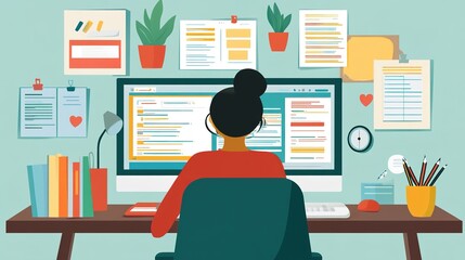 A teacher creating online lesson plans on a computer, preparing digital resources for their students