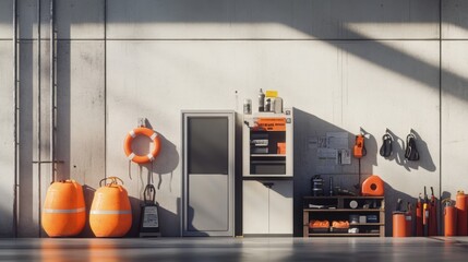  industrial safety station with protective gear neatly arranged