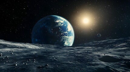 Breathtaking View of Earth and Moon from Lunar Surface Against Starry Sky