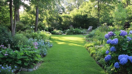 Fototapeta premium summer private garden with blooming Hydrangea Annabelle
