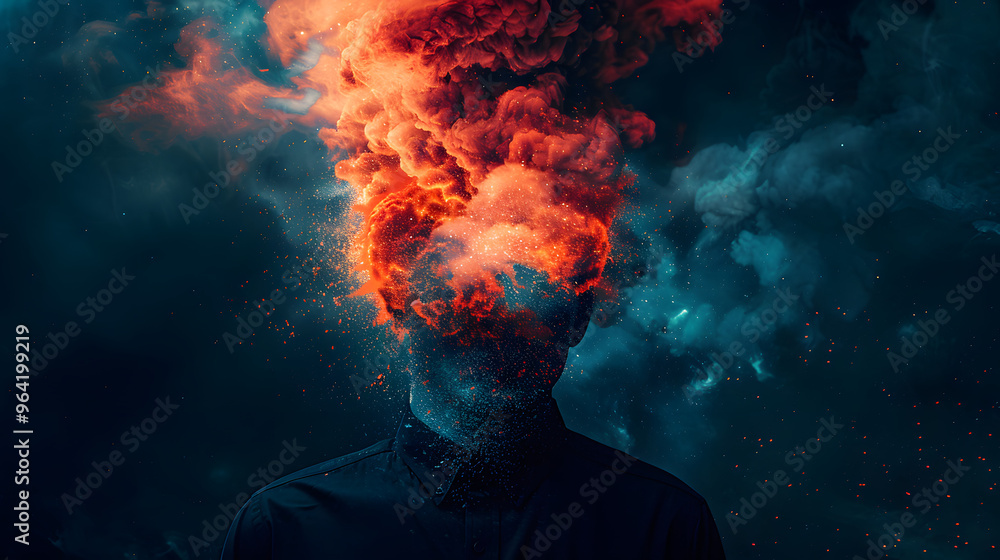 Poster an artist with an exploding head and symbolizing the concept of stress and mental health in a creati