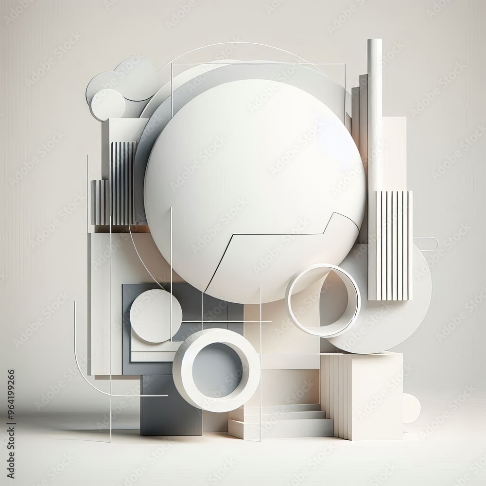 Poster minimalist geometric sculpture featuring clean lines and spherical elements in a monochromatic color