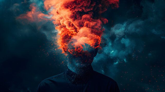 An artist with an exploding head and Symbolizing the concept of stress and mental health in a creative studio. 