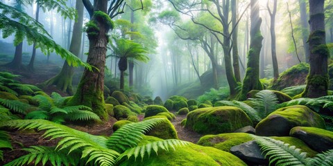 Whispering ferns unfurl in a misty forest glade, soft green leaves glistening with morning dew, surrounded by moss-covered boulders and ancient tree trunks.