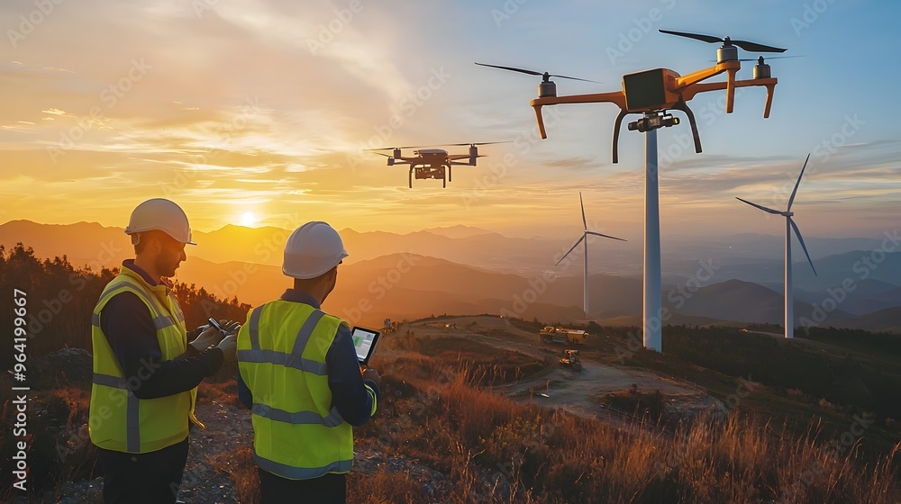 Poster wind farm landscape with engineers using drones for advanced technology and energy monitoring