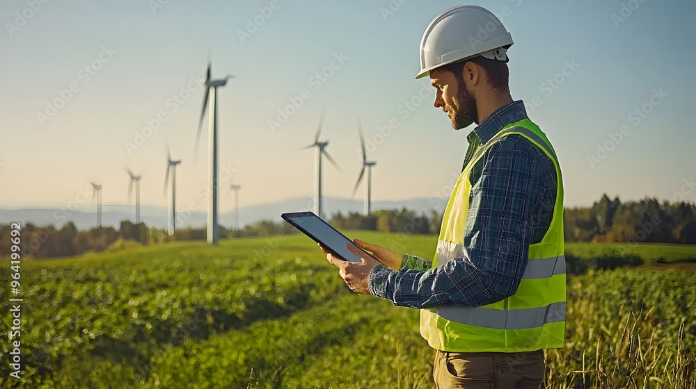 Poster engineer analyzing wind patterns with tablet amid spinning turbines,nature and technology merging