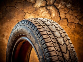 Worn, rugged tire with scratches and cracks on its surface, positioned in a close-up shot with a faded brown background.