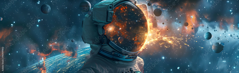 Poster an astronaut with stars and planets orbiting their exploding head and symbolizing the concept of cos