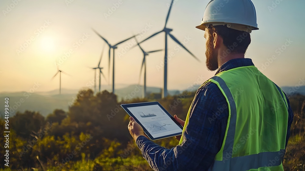 Poster engineer analyzing wind patterns on tablet with spinning wind turbines in nature background