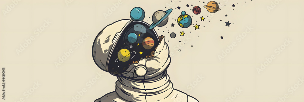 Aufkleber an astronaut with stars and planets orbiting their exploding head and symbolizing the concept of cos