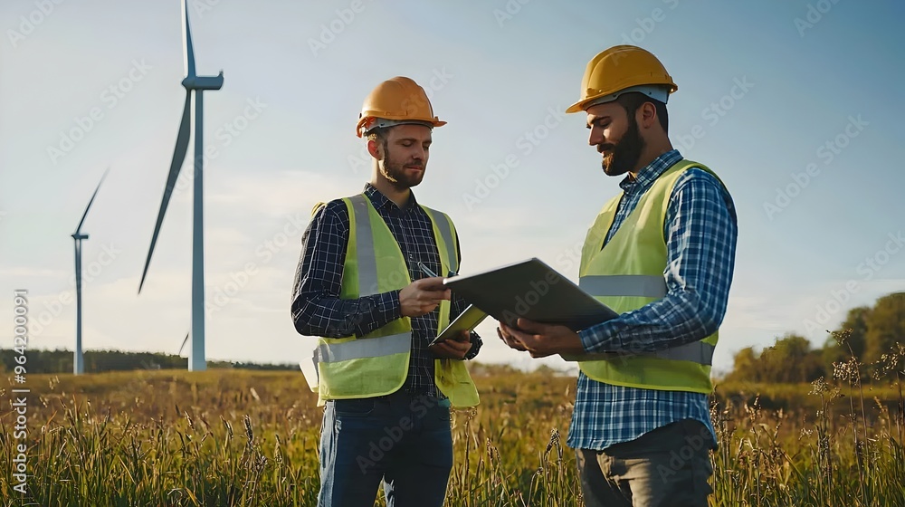 Poster high-tech wind farm engineers reviewing renewable energy data and analytics in field
