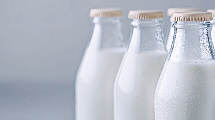 Glass milk bottles with condensation in a row