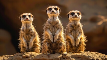 Fototapeta premium Three quokka faces smiling and peeking from behind a stone wall,