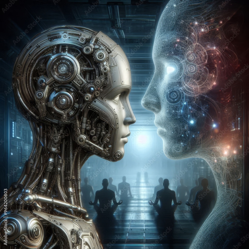 Poster a captivating digital artwork depicting a face-to-face encounter between a human-like ai and a mecha