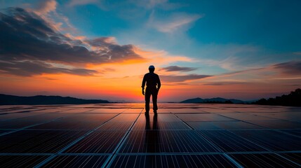 Obraz premium Silhouette of Engineer Inspecting Solar Panels During Dramatic Sunset Lighting