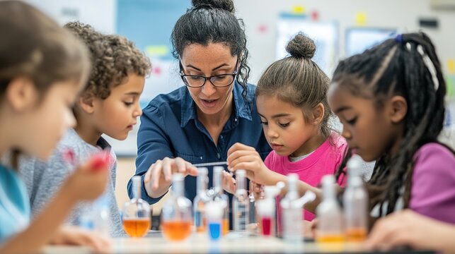A teacher guiding a group of young students through a hands-on science experiment in a bright, modern classroom