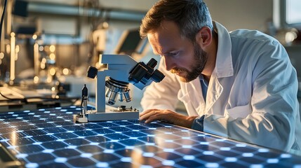Engineer Examining Solar Cells Under Microscope for Clean Energy Innovation
