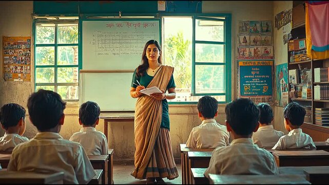 Teacher, A female teacher in a saree stands in front of a classroom of students, pointing at a whiteboard.