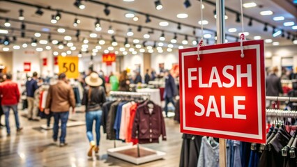 Obraz premium Flash sale sign in a busy retail store with shoppers background and copy space for promotion