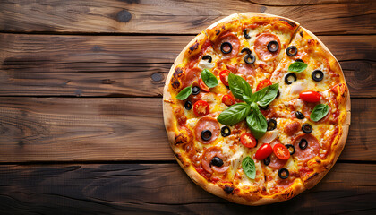 Delicious pizza served on wooden table