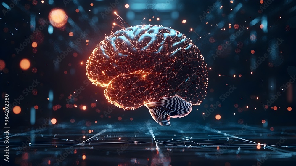 Poster brain interconnected with neural networks symbolizing technological evolution and human-machine