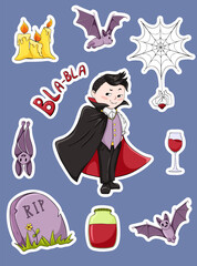 Halloween sticker pack. Kid in a vampire halloween costume and spooky elements. Cartoon vector magic clip art. Trendy hand drawn illustration with a dracula boy, bats, blood, grave, candles, spider